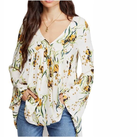 Free People Shirt Womens Medium White Yellow Floral Boho Babydoll Tunic OBB15445 - Picture 1 of 8